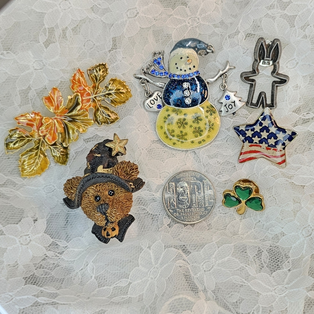 Holiday Lapel Pins • Vintage • Set of 6 • Brooch • Boyds Bears • Metal • Enamel